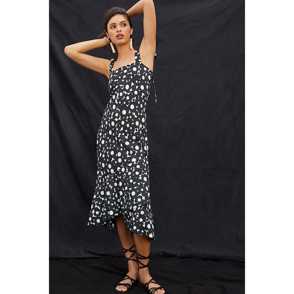 Hutch Black & White Abstract Tie-Strap Midi Dress